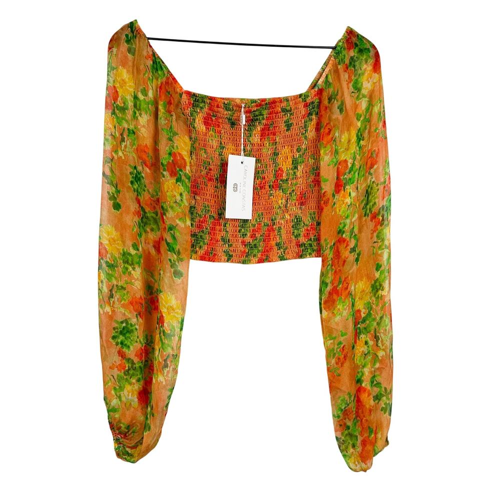 New Caroline Constas Amelia Smocked Floral Silk Crop Top Orange Green $428 - XS